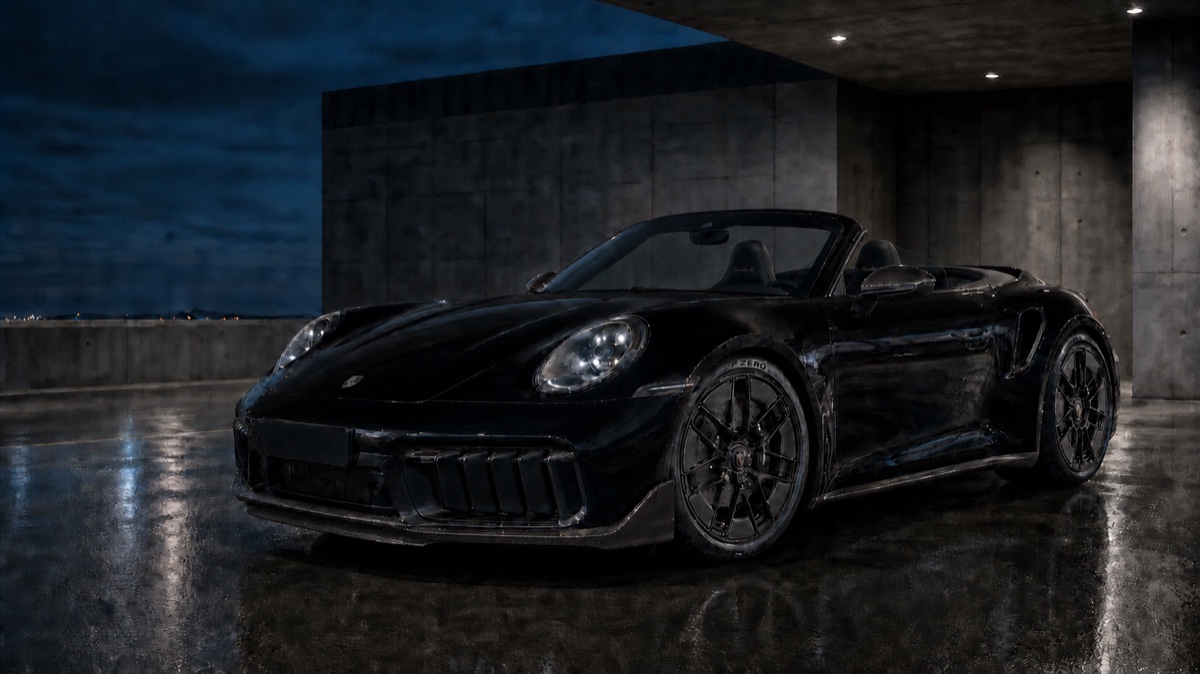 Schwarzes Porsche 911 Turbo S Cabriolet mit geöffnetem Verdeck, Carbon-Frontlippe und Zentralverschlussfelgen in einer Betongarage