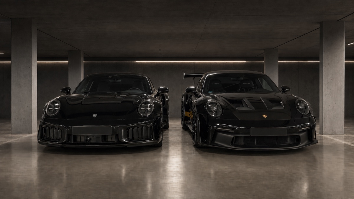 Porsche 911 Turbo S Cabriolet und Porsche 911 GT3 RS nebeneinander in einer Betongarage